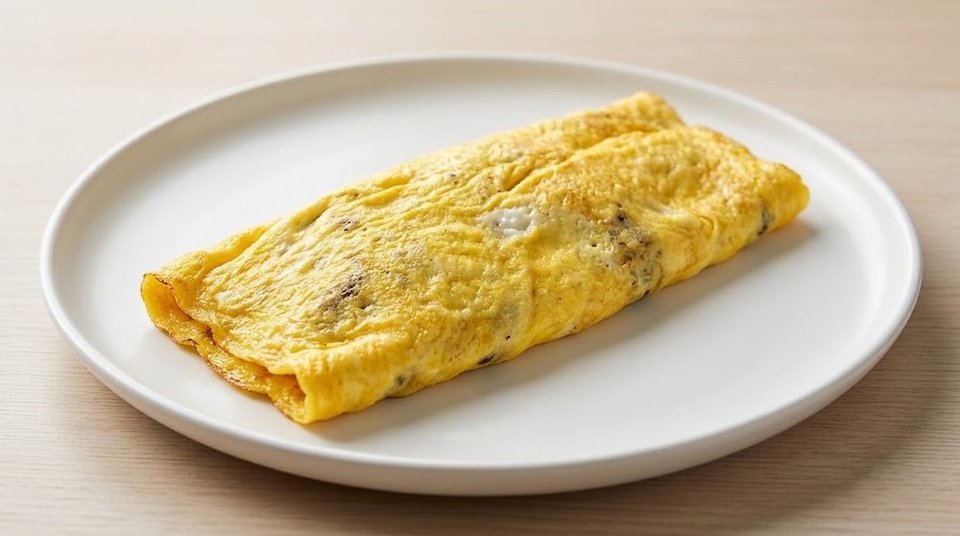 Breakfast menu page with pancakes and eggs.
