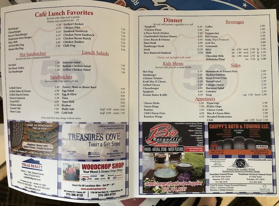 Printed menu with French toast and home fries.