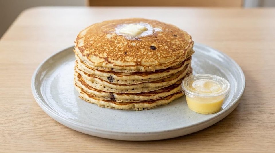 Breakfast menu page with pancakes and eggs.
